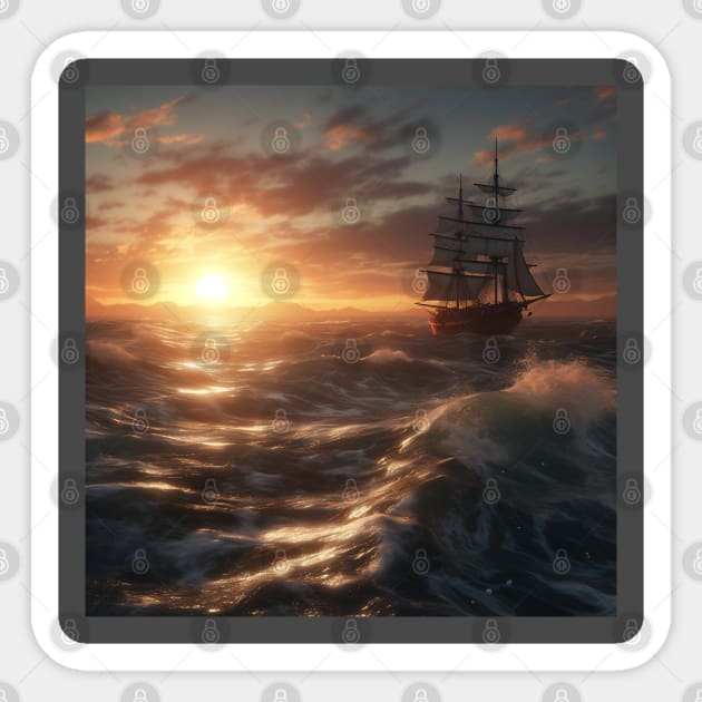 Beautiful sunset over the sea, an old ship sails Sticker by Andrew World